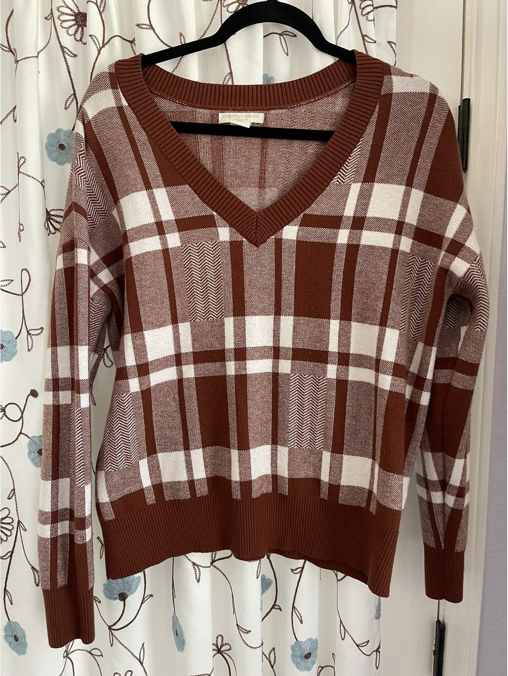 Christian Siriano | L | Brown Plaid V-Neck Sweater - Picture 2 of 6